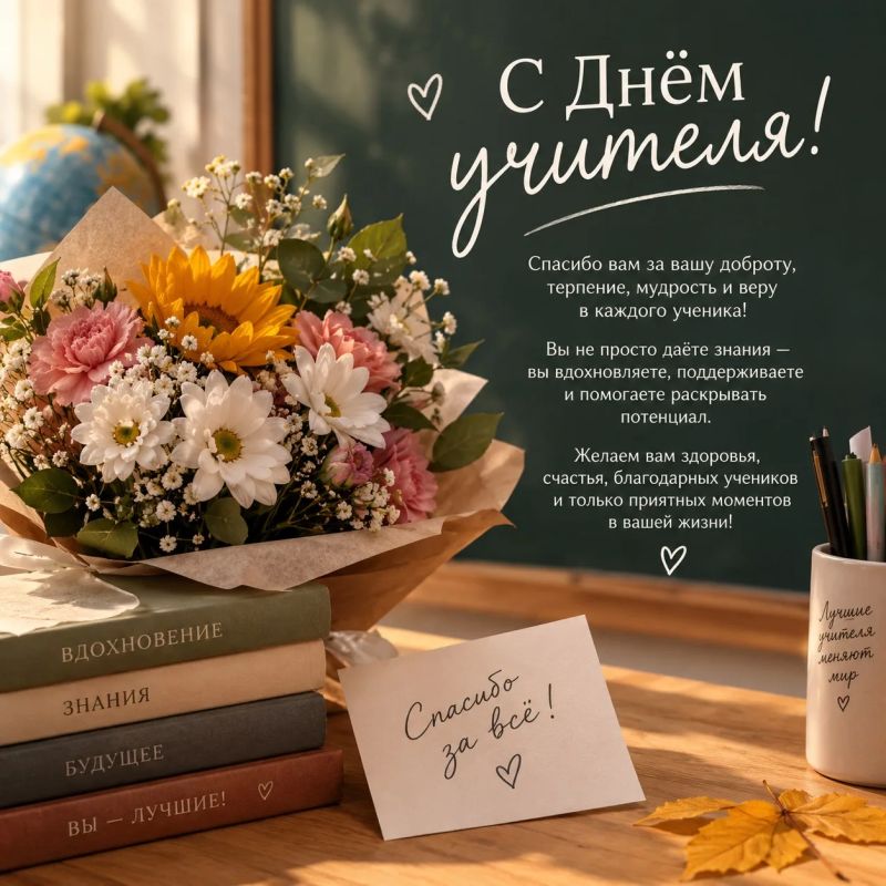 С Днём учителя!. Сегодня мы говорим самые тёплые слова тем, кто каждый день делится знаниями, вдохновляет, поддерживает и помогает своим ученикам верить в себя